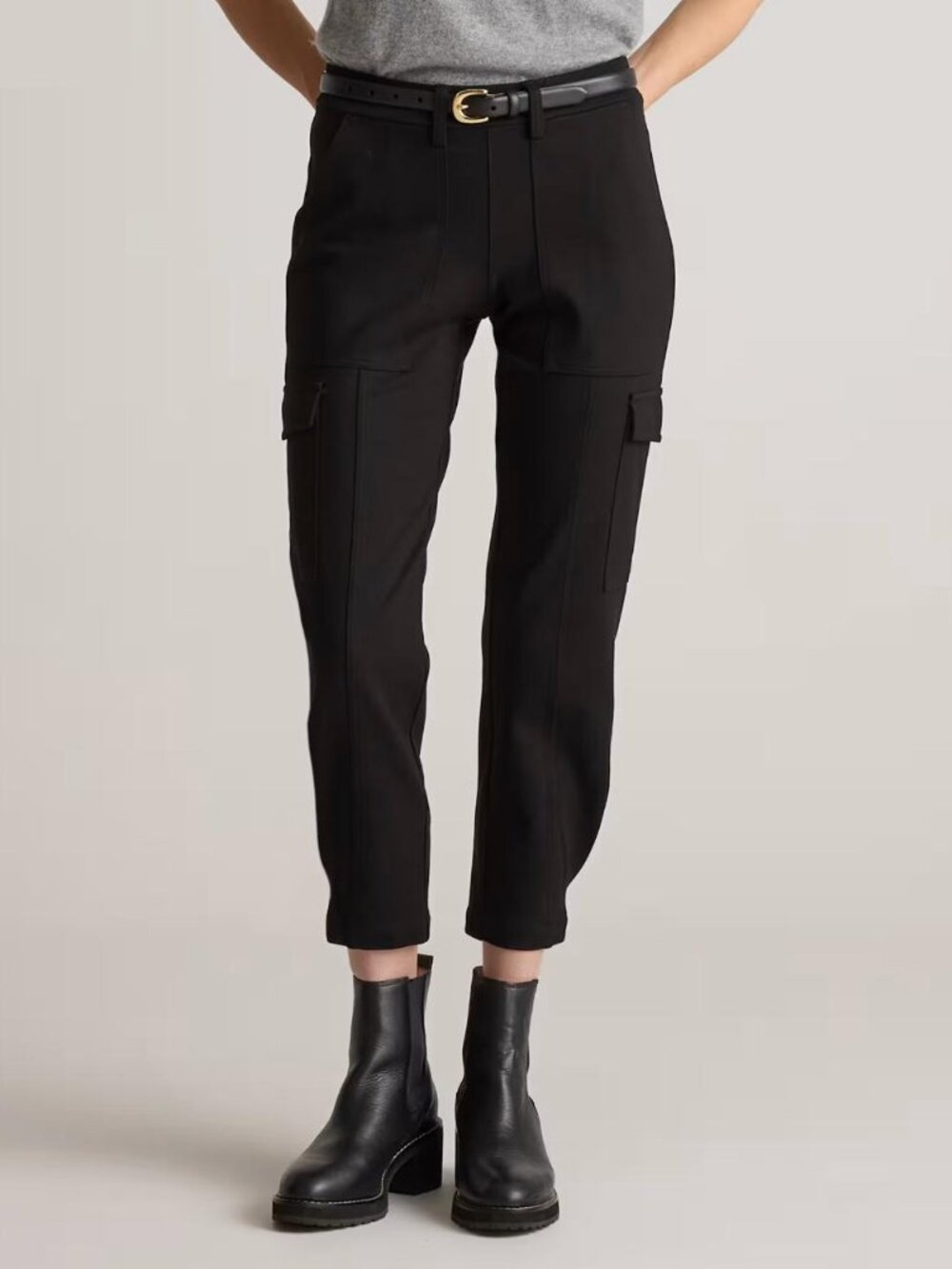 NEW Quince Ultra-Stretch Ponte Tapered Cargo Pants black ankle pull-on trousers